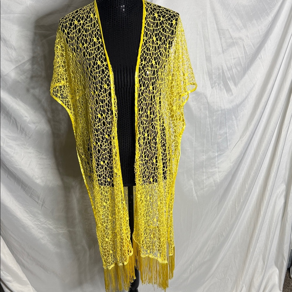 just be Bright Yellow Crochet Fringe Beach Coverup